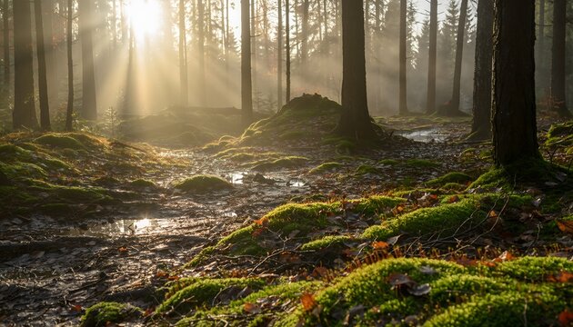 Enchanting morning sunbeams filtering through ancient trees onto a lush, moss-covered path in a tranquil forest