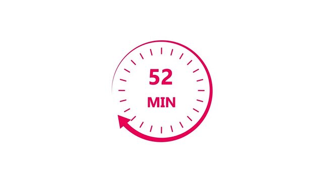Clock icon 52 minute magenta red color animation. Stopwatch in flat style 52 minute on white background.