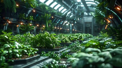 Vibrant vertical farm thrives under futuristic LED grow lights, showcasing lush green produce in an advanced controlled environment