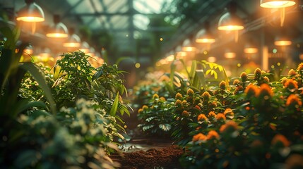 Lush cannabis plants thriving under warm grow lights in a vibrant indoor greenhouse garden oasis