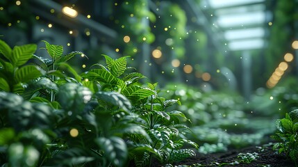Lush green plants thriving in a modern greenhouse with bokeh lights creating a magical atmosphere