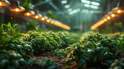 Lush green plants thriving under warm grow lights in a modern greenhouse environment