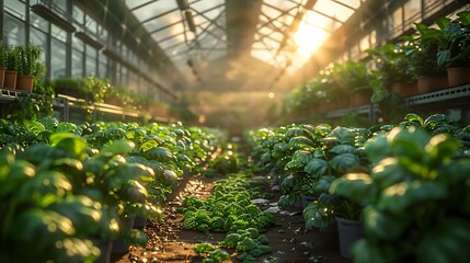 Lush green plants growing in a sunlit greenhouse, bathed in warm golden hour light, inspiring growth and vitality.