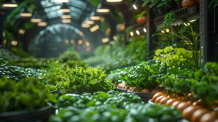 Abundant vibrant green produce and produce shelves bathed in warm ambient light, showcasing fresh growth and healthy food.