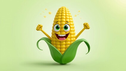 Cartoon corn character illustration: happy corn with arms up, fresh food, healthy eating concept design