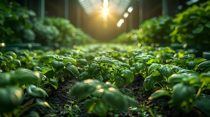 Vibrant green basil plants thriving under warm greenhouse sunlight, showcasing healthy growth and freshness