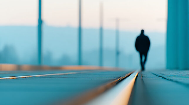 Silhouette of a solitary person walking along empty railway tracks in soft early morning light with blurred background and cool blue tones