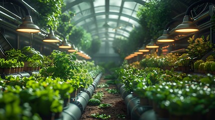 Lush green plants thrive under warm grow lights in a modern, controlled greenhouse environment