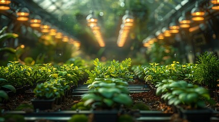 Vibrant greenhouse rows of young plants thrive under warm grow lights, symbolizing growth and natural cultivation