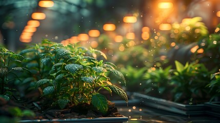 Vibrant green plants with water droplets thrive under warm artificial lights in a modern greenhouse
