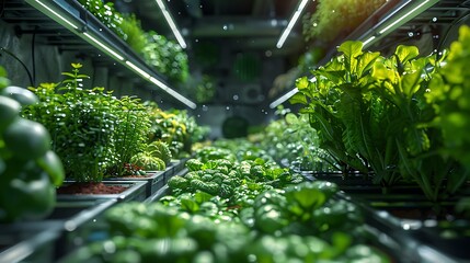 Vibrant indoor farm thrives with lush green plants under bright artificial grow lights