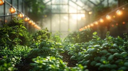 Lush green seedlings thrive under warm greenhouse lights, promising healthy growth and abundant harvests