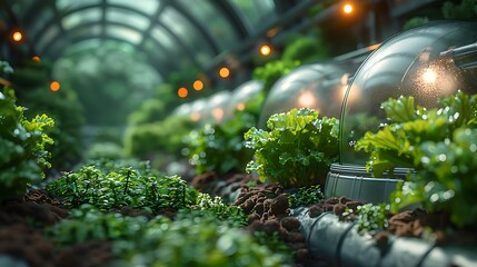 Vibrant greenhouse cultivation with modern technology nurturing lush green plants under soft artificial light