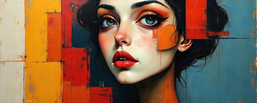 Close-up of woman face with bold makeup and striking eyes. Abstract geometric background in vibrant red, yellow and blue tones. Modern retro style illustration with textured elements.
