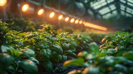Lush green plants grow under warm artificial lights in a modern greenhouse, hinting at fresh produce and sustainable agriculture.