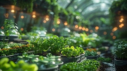 Lush greenhouse brimming with vibrant green plants and soft, warm ambient lighting creating a serene, nurturing atmosphere