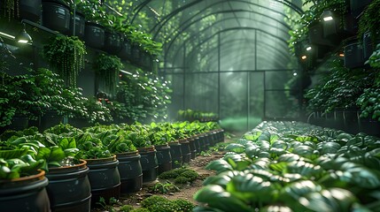 Vibrant greenhouse interior bursting with lush green plants and modern cultivation technology creating a sustainable future