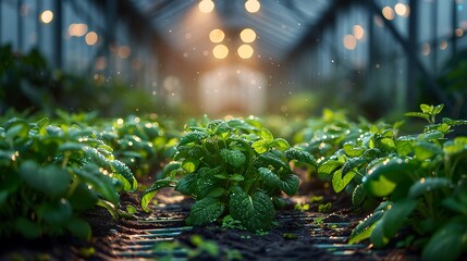 Vibrant greenhouse sprouts glisten with dew under warm, glowing lights, inspiring growth and innovation