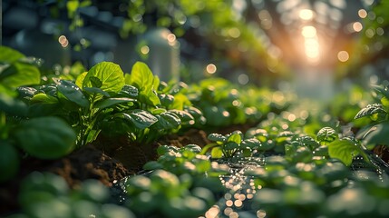 Vibrant young plant sprouts bathed in warm, diffused sunlight in a lush greenhouse setting