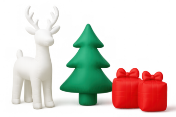 Inflatable white reindeer, green pine tree, and red gift box decorations creating a festive christmas holiday scene