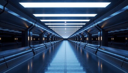 Fototapeta premium Futuristic Sci-Fi Corridor with Blue Neon Lighting and Reflective Floor