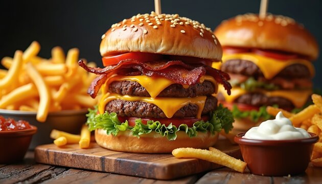 Juicy double patty bacon cheeseburger with lettuce tomato on sesame bun, served with french fries. Delicious fast food meal ready to eat. Perfect for lunch or dinner.