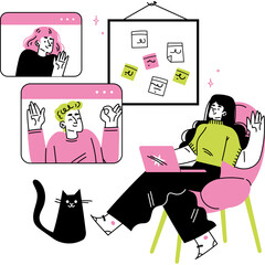 Woman working remotely with colleagues on video call and black cat nearby laptop on pink chair green sweater black pants white background and whiteboard with sticky notes overhead