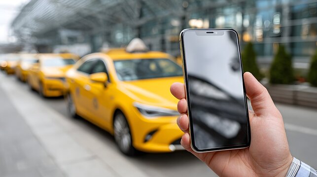 Hand holding modern smartphone with reflection near a row of yellow taxis in urban setting