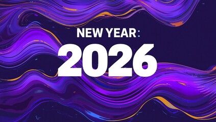 New year 2026 celebration background design with abstract purple and gold wave illustration