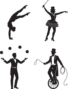 Diverse circus performers showcase skills: acrobat, ringmaster, juggler, and unicyclist in silhouette, evoking entertainment and showmanship.