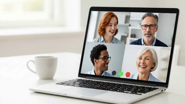Laptop displaying four diverse people in virtual meeting, emphasizing connection, communication, technology, online interaction, and remote work environment - Powered by Adobe