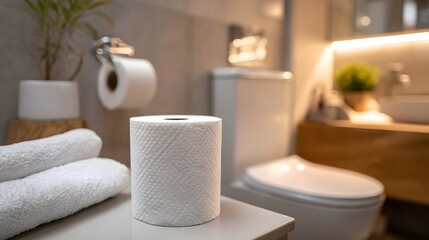 Modern white toilet with toilet paper roll and towels in a stylish bathroom setting