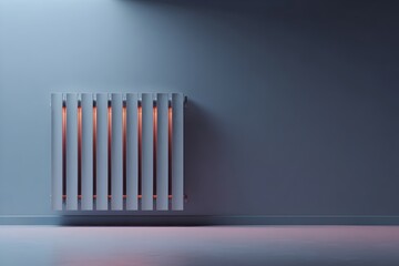 Modern minimalist radiator mounted on a cold-colored wall with soft ambient lighting