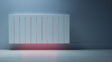 Modern minimalist radiator mounted on a cold color wall with soft ambient lighting effects