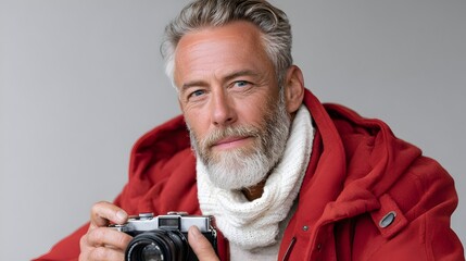 Elderly man with a camera, wearing a cozy red jacket and scarf, capturing moments with focus