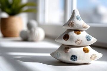 Playful Christmas tree made of soft linen and cotton with colorful polka dots for festive decor