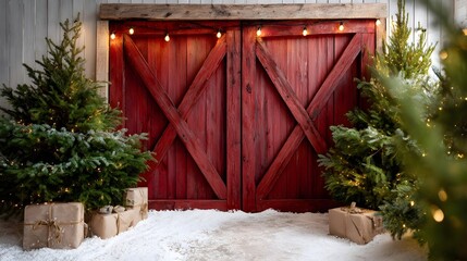 Red vintage rustic barn door with cozy Christmas trees and festive decorations in a winter setting