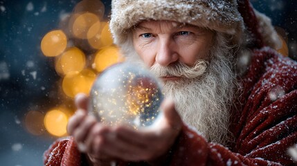 Santa Claus holding a magical glowing snow globe with festive lights in a winter wonderland scene