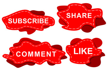 Social Media CTA Button Set Subscribe Share Comment Like Red Fluid Shape Flat Cartoon Vector for YouTube Channel and Content Creator Design