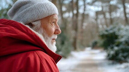 Elderly man in red winter coat walking through snowy forest path with serene atmosphere