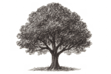 Tree drawing created with pencil or charcoal, showing a textured trunk and full canopy, representing nature, growth, and environment. Transparent background
