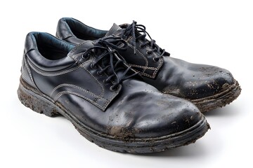 Black luxury men's shoes covered in mud on a white background showcasing unique style and texture