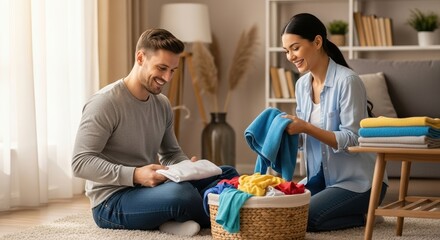 Young couple folding laundry together and smiling in living room  