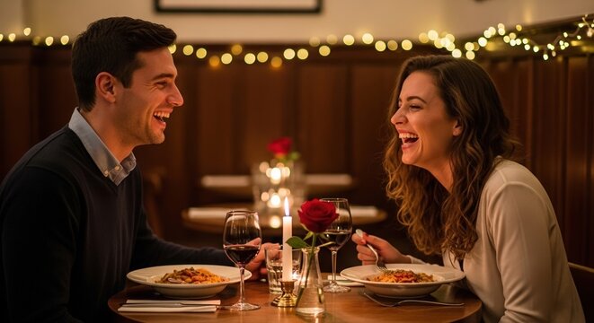 Young couple laughing and enjoying dinner with candlelight ambiance  