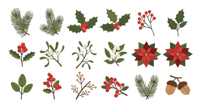 Collection of Christmas and winter holiday outline icons. A set of festive linear symbols for graphic design, including Santa, reindeer, and snowflakes