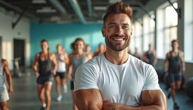 Smiling fit man in modern gym. Group of sporty people run. Active lifestyle sport motivation concept. Team work cardio exercises for health. Fitness instructor promotes sportive healthy lifestyle.