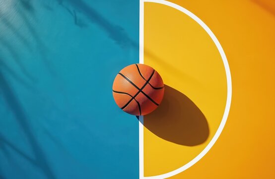 Orange basketball on court with blue and yellow background. Ball is placed near white semi-circular line. Court is divided into two contrasting colors. Bright sunlight casts shadow of ball. - Powered by Adobe