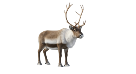 A reindeer with large antlers standing against a bright background in a full body shot image