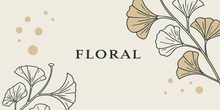 elegant floral line art design with ginkgo leaves gold beige botanical illustration minimalist natural background wedding invitation style