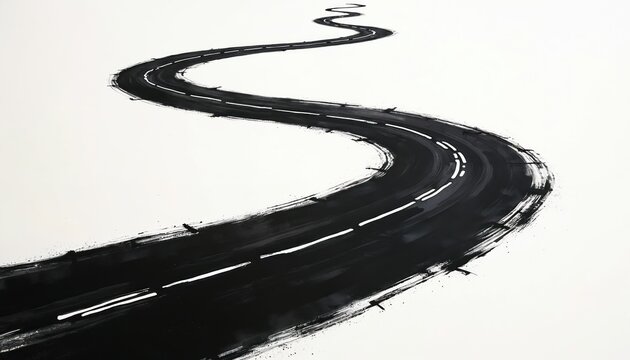 Abstract long winding curvy road, drawn with dynamic black ink brush stroke, extends creatively across clean white background. Minimalistic path with dashed lines visually illustrates life journey,